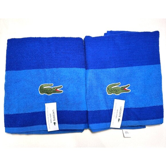 Lacoste SET OF 2 Blue Bath Towels 100% Cotton 30" x 52" Big Crocodile Logo NWT - Picture 1 of 7